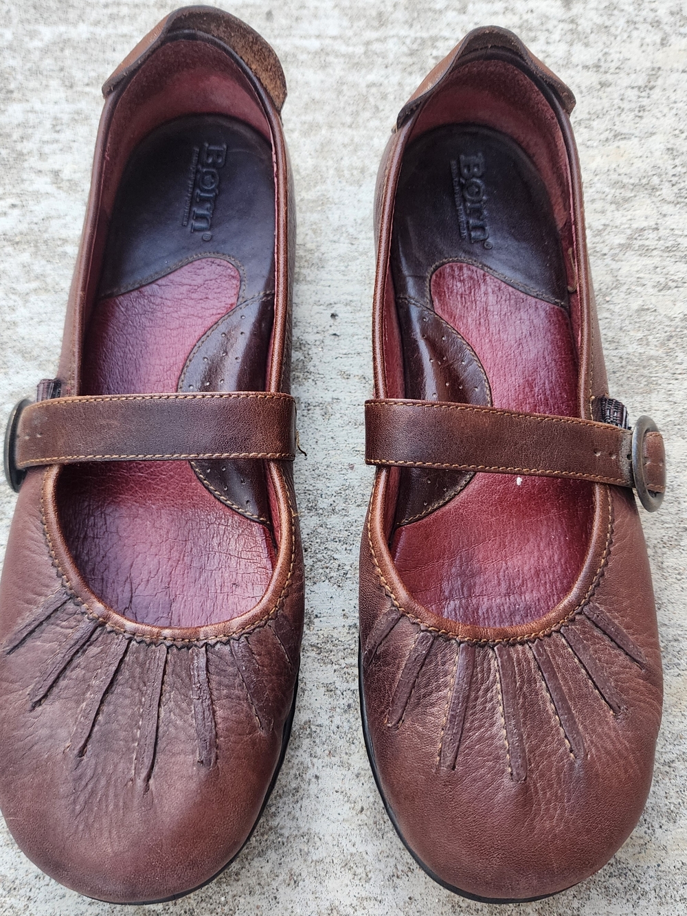 Born Women’s Brown Leather Mary Jane Boho Flats, Pleated Toe Cottagecore Sz 9